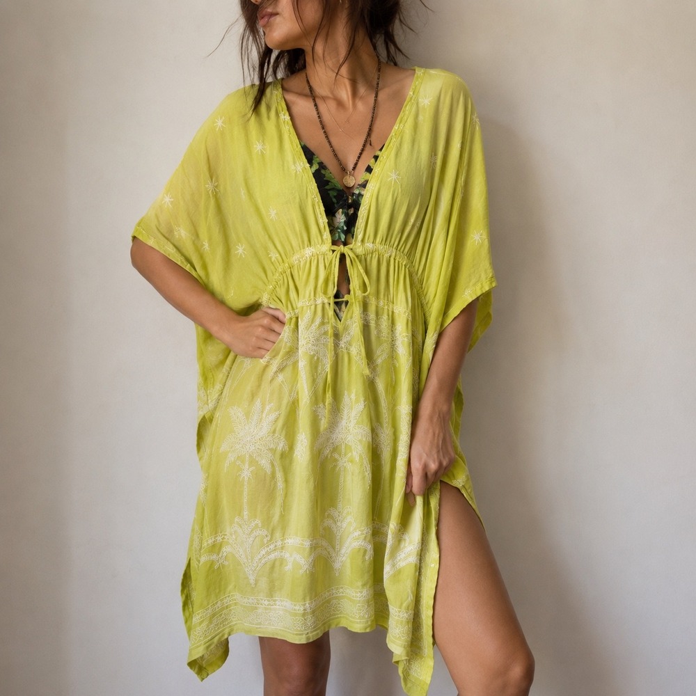 Soma Swim Embroidered Cover Up Green Yellow Tie Front Tunic Small Medium NWT